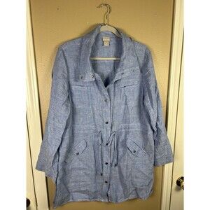 Chico's Cross Dyed Linen Utility Jacket Blue Drawstring Coastal Beach Resort L